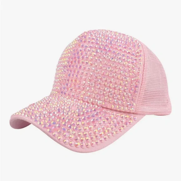 Sparkly Pink Rhinestone Bedazzled Beaded Baseball Hat Cap - Picture 1 of 9